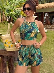 KARISMINA Tropical Print Tie Backless Halter Top & Shorts - Multicolor - View 3