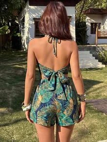 KARISMINA Tropical Print Tie Backless Halter Top & Shorts - Multicolor - View 2
