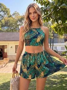 KARISMINA Tropical Print Tie Backless Halter Top & Shorts - Multicolor - View 6