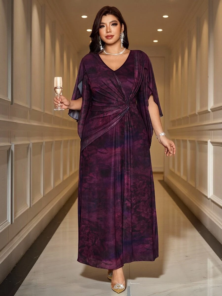 Reflora Plus Size Elegant Casual Party Dinner Evening Cocktail Formal Knot Dress Dark Purple Summer Wedding