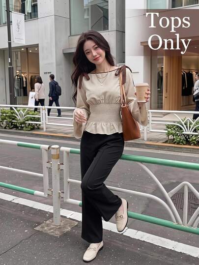 SHEIN MOD 女士撞色蝴蝶结装饰喇叭袖收腰时尚衬衫，适合夏季、度假、复古、乡村、外出、教师、约会、野餐、可爱、春假等场合。