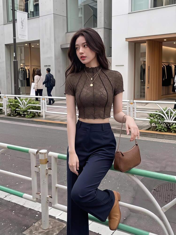 SHEIN MOD Women's Round Neck Puff Sleeve Solid Color Knit Textured Sheer Casual T-Shirt - Coffee Brown - View 1
