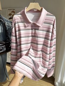 Comfortcana Kaos Lengan Panjang Kerah Polo Motif Garis Cetak Digital Ukuran Besar - Berwarna merah muda - View 4