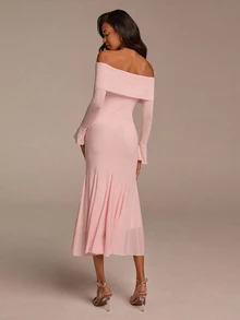 COSMINA Women's Light Pink Elegant Romantic Mesh Cold Shoulder Flare Sleeve Fishtail Maxi Dress Fall Graduation Party Cocktail Night Dinner Wedding Guest Y2K - Baby Pink - View 2