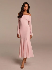 COSMINA Women's Light Pink Elegant Romantic Mesh Cold Shoulder Flare Sleeve Fishtail Maxi Dress Fall Graduation Party Cocktail Night Dinner Wedding Guest Y2K - Baby Pink - View 1