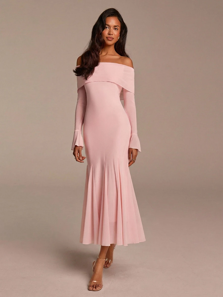 COSMINA Women's Light Pink Elegant Romantic Mesh Cold Shoulder Flare Sleeve Fishtail Maxi Dress Fall Graduation Party Cocktail Night Dinner Wedding Guest Y2K - Baby Pink - View 1