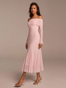 COSMINA Women's Light Pink Elegant Romantic Mesh Cold Shoulder Flare Sleeve Fishtail Maxi Dress Fall Graduation Party Cocktail Night Dinner Wedding Guest Y2K - Baby Pink - View 4