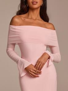 COSMINA Women's Light Pink Elegant Romantic Mesh Cold Shoulder Flare Sleeve Fishtail Maxi Dress Fall Graduation Party Cocktail Night Dinner Wedding Guest Y2K - Baby Pink - View 3