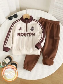 SHEIN Setelan Anak Laki-Laki: Sweater Rajut Lembut Motif Huruf, Kerah Bulat, Lengan Panjang, Resleting Setengah, dan Celana Panjang Musim Gugur dengan Pinggang Elastis (2 Potong) - MultiWarna - View 7