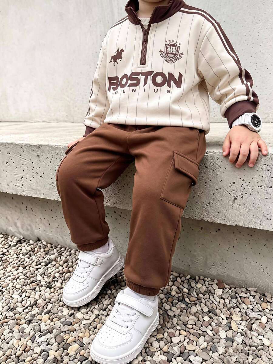 SHEIN Setelan Anak Laki-Laki: Sweater Rajut Lembut Motif Huruf, Kerah Bulat, Lengan Panjang, Resleting Setengah, dan Celana Panjang Musim Gugur dengan Pinggang Elastis (2 Potong) - MultiWarna - View 1