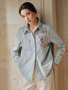 Anewsta Women's Elegant Light Blue Floral Embroidered Long Sleeve Denim Shirt, Summer Boho Vacation Western , Cottagecore For Party - Blue - View 6