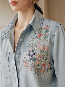 Anewsta Women's Elegant Light Blue Floral Embroidered Long Sleeve Denim Shirt, Summer Boho Vacation Western , Cottagecore For Party - Blue - View 3