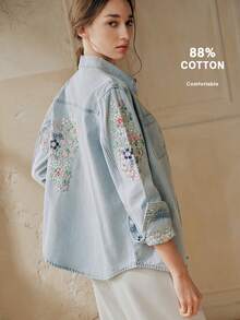 Anewsta Women's Elegant Light Blue Floral Embroidered Long Sleeve Denim Shirt, Summer Boho Vacation Western , Cottagecore For Party - Blue - View 1