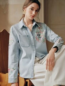 Anewsta Women's Elegant Light Blue Floral Embroidered Long Sleeve Denim Shirt, Summer Boho Vacation Western , Cottagecore For Party - Blue - View 2