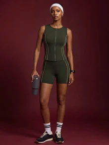 Zivah Women's Colorblock Top And Shorts Casual Daily Sports Outfit - Green - View 10