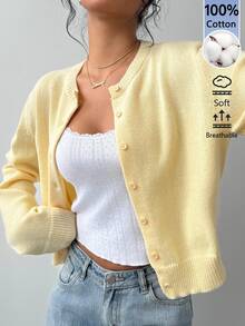 SHEIN BASICS 女款素色單排扣休閒百搭日常教師外出長袖開襟衫 開學季 教師節 淡黃色 秋季辦公 - 鵝黃色 - 查看 4