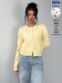 SHEIN BASICS 女款素色單排扣休閒百搭日常教師外出長袖開襟衫 開學季 教師節 淡黃色 秋季辦公 - 鵝黃色 - 查看 5