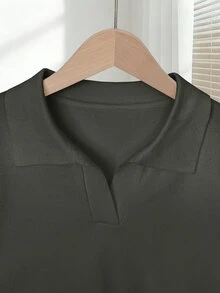 Franclia Women's Simple Solid Color Turndown Collar Short Sleeve Casual Fitted Knit Top, Versatile For Spring And Summer - Dark Grey - View 4
