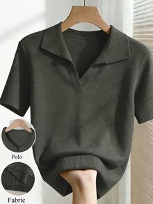 Franclia Women's Simple Solid Color Turndown Collar Short Sleeve Casual Fitted Knit Top, Versatile For Spring And Summer - Dark Grey - View 3