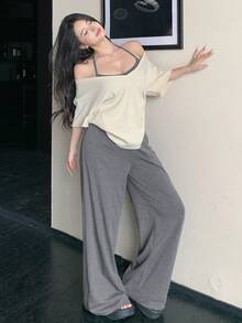 DAZY 女款 3 件式休閒性感居家套裝，奶油黃、黑白配色細肩帶背心、T恤罩衫與直筒長褲，適合夏季外出 - 米色 - 查看 1