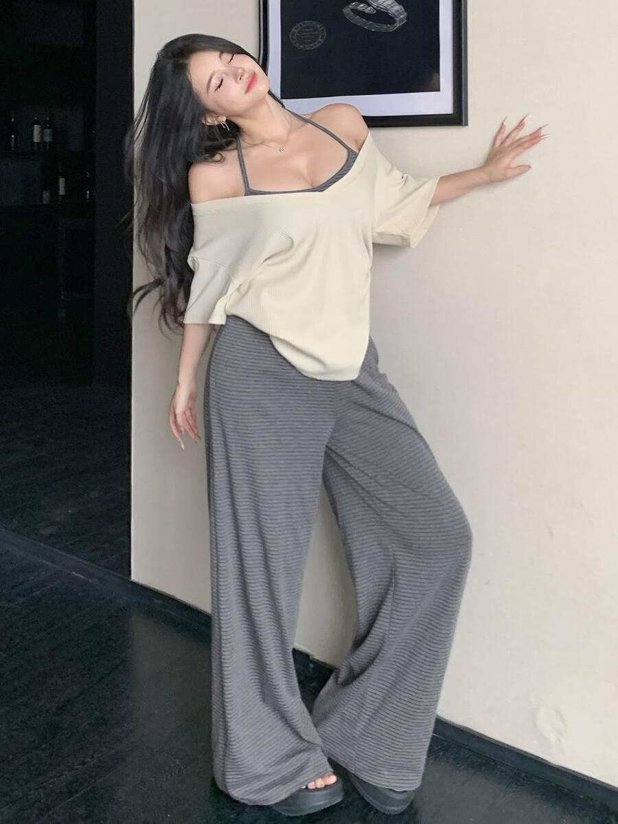 DAZY 女款 3 件式休閒性感居家套裝,奶油黃、黑白配色細肩帶背心、T恤罩衫與直筒長褲,適合夏季外出 - 米色 - 查看 1
