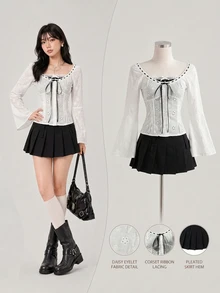 Elamini Contrast Trim Flounce Sleeve Lace Up Front Blouse - Black and White - View 1