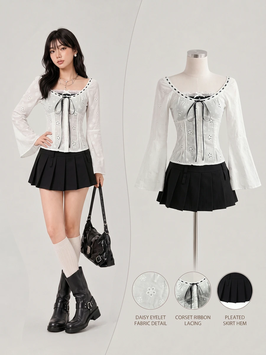 Elamini Contrast Trim Flounce Sleeve Lace Up Front Blouse - Black and White - View 1