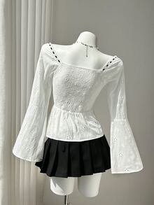Elamini Contrast Trim Flounce Sleeve Lace Up Front Blouse - Black and White - View 2