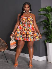 Veslaya Plus Size Women's Casual Pattern A-Line V-Neck Hollow Binding Romper - Multicolor - View 4