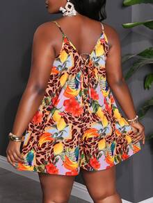 Veslaya Plus Size Women's Casual Pattern A-Line V-Neck Hollow Binding Romper - Multicolor - View 2