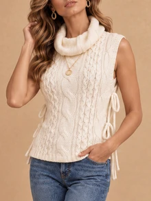 Elenzga Women's Chunky Cable Knit High Neck Loose Sleeveless Sweater Vest, Autumn - Beige - View 6