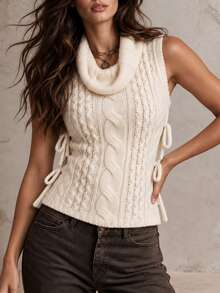 Elenzga Women's Chunky Cable Knit High Neck Loose Sleeveless Sweater Vest, Autumn - Beige - View 5