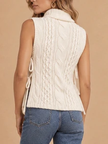Elenzga Women's Chunky Cable Knit High Neck Loose Sleeveless Sweater Vest, Autumn - Beige - View 2