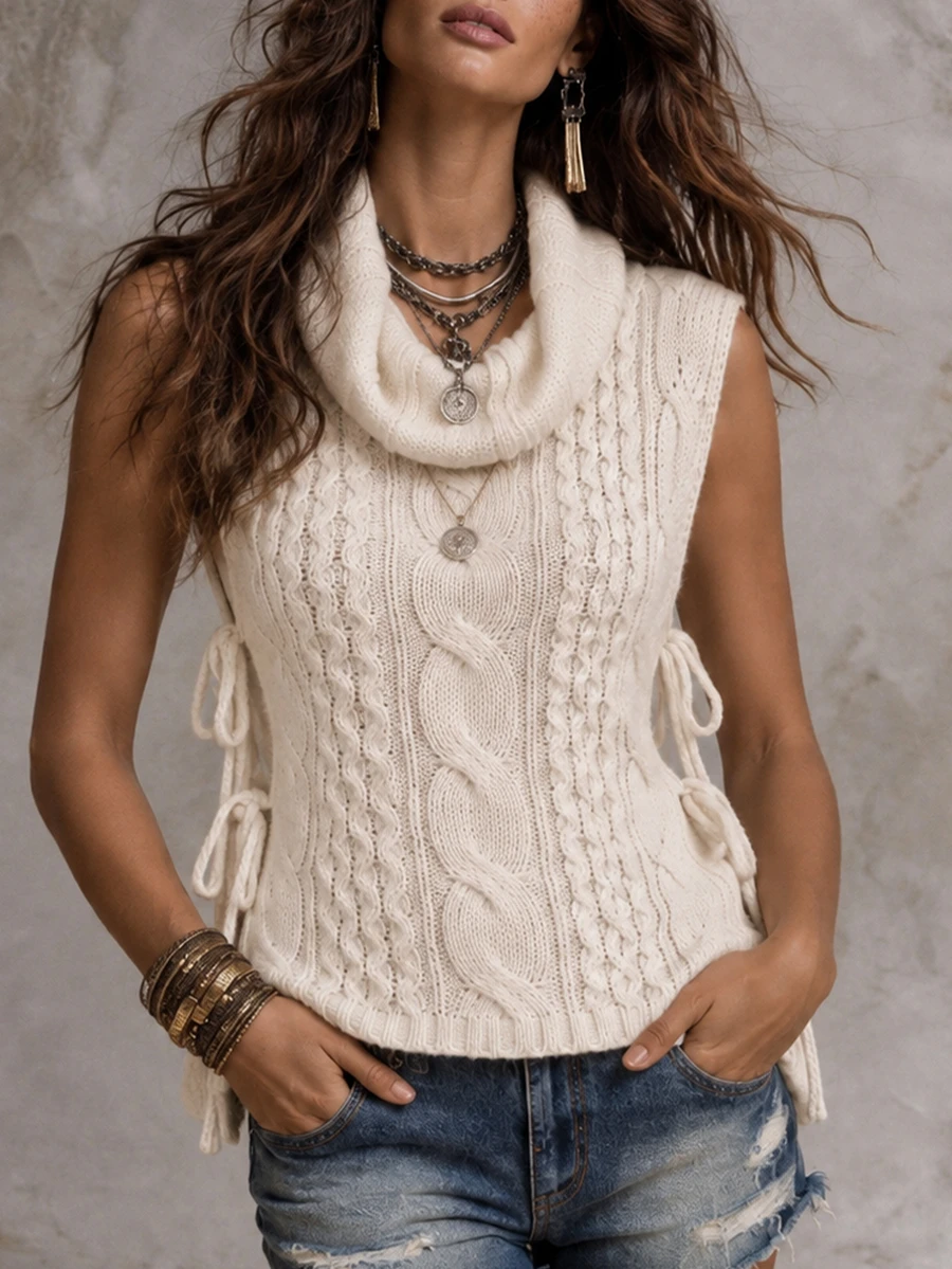Elenzga Women's Chunky Cable Knit High Neck Loose Sleeveless Sweater Vest, Autumn - Beige - View 1