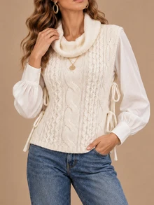 Elenzga Women's Chunky Cable Knit High Neck Loose Sleeveless Sweater Vest, Autumn - Beige - View 7
