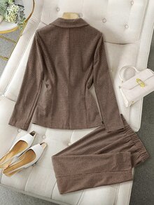 SHEIN Clasi Plus Size Houndstooth Tweed Suit Set, Summer/ Office Evening White Business Casual Elegant Chic Unique - Khaki - View 2