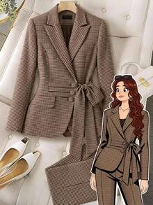 SHEIN Clasi Plus Size Houndstooth Tweed Suit Set, Summer/ Office Evening White Business Casual Elegant Chic Unique - Khaki - View 1