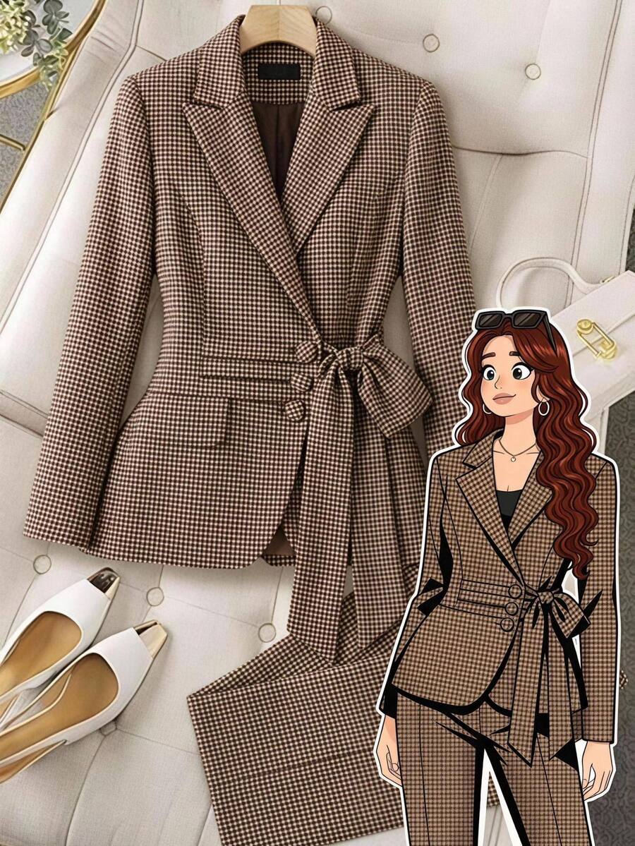 SHEIN Clasi Plus Size Houndstooth Tweed Suit Set, Summer/ Office Evening White Business Casual Elegant Chic Unique - Khaki - View 1