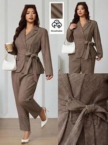 SHEIN Clasi Plus Size Houndstooth Tweed Suit Set, Summer/ Office Evening White Business Casual Elegant Chic Unique - Khaki - View 9