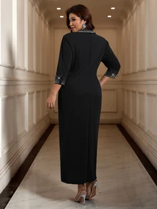 Reflora Gaun Pesta Ukuran Besar Elegan Kasual Tradisional Makan Malam Koktail Formal Ibu Pengantin Dekorasi Rhinestone Simpul Terpilin Gaun Pernikahan Hitam Musim Gugur - Aprikot - View 9