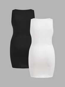 Slaydiva 2pcs Plus Size Casual Minimalist Black & White Solid Color Dress, Suitable For Summer Dresses For Women Summer Chic Dress - Black and White - View 3