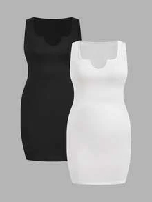 Slaydiva 2pcs Plus Size Casual Minimalist Black & White Solid Color Dress, Suitable For Summer Dresses For Women Summer Chic Dress - Black and White - View 2
