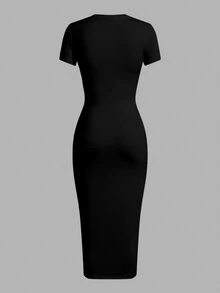 Slaydiva Casual Minimalist California Text & Slogan Print Fitted Round Neck Short Sleeve Plus Size Dress, Suitable For Summer - Black - View 2