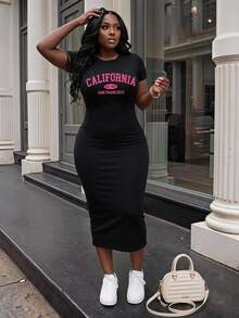 Slaydiva Casual Minimalist California Text & Slogan Print Fitted Round Neck Short Sleeve Plus Size Dress, Suitable For Summer - Black - View 1