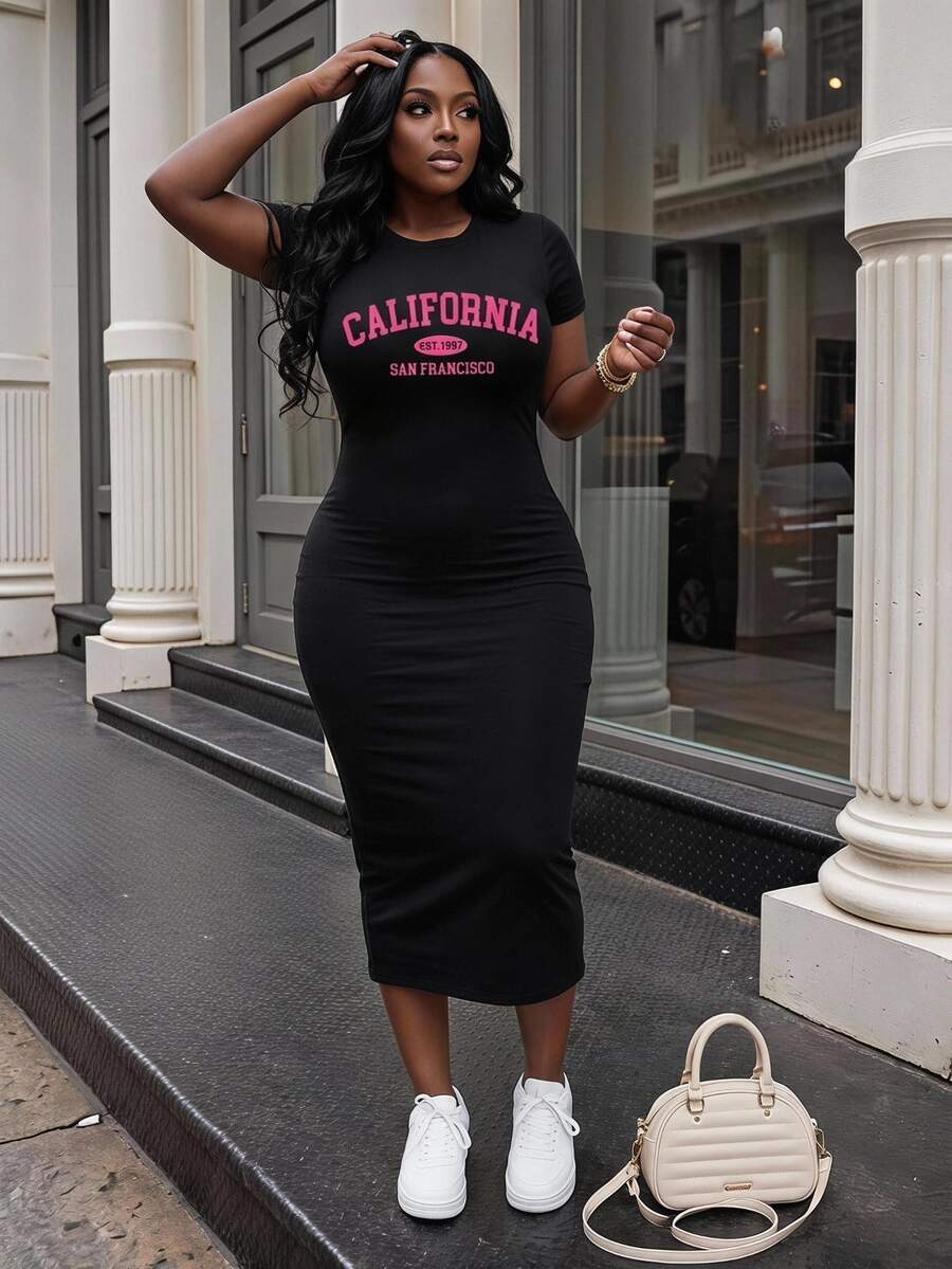 Slaydiva Casual Minimalist California Text & Slogan Print Fitted Round Neck Short Sleeve Plus Size Dress, Suitable For Summer - Black - View 1