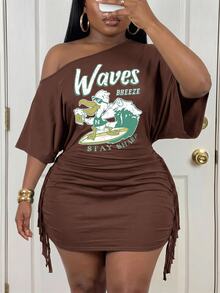 Slaydiva Plus Size Women's Letter Print Asymmetric Neck Batwing Sleeve Ruched Tassel Trim Fitted Dress Autumn Vacation Brown Baggy Casual Formal - Rust Brown - View 5