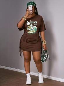 Slaydiva Plus Size Women's Letter Print Asymmetric Neck Batwing Sleeve Ruched Tassel Trim Fitted Dress Autumn Vacation Brown Baggy Casual Formal - Rust Brown - View 1