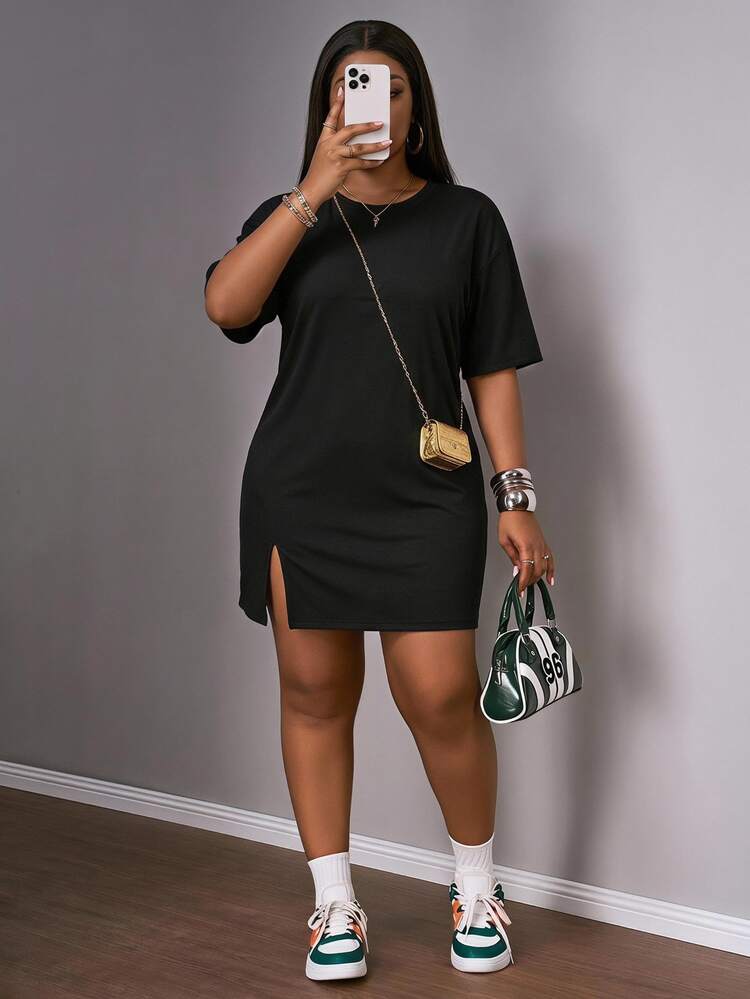 Slaydiva Plus Size Early Spring Resort Casual Pink Side Slit Loose Fit Drop Shoulder Sleeve Dress,Sundress,Summer Dresses For Women - Black - View 1