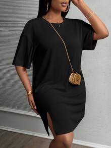 Slaydiva Plus Size Early Spring Resort Casual Pink Side Slit Loose Fit Drop Shoulder Sleeve Dress,Sundress,Summer Dresses For Women - Black - View 3