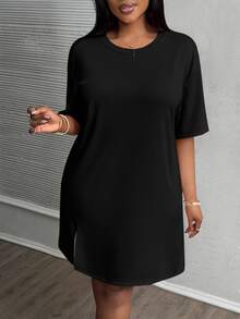 Slaydiva Plus Size Early Spring Resort Casual Pink Side Slit Loose Fit Drop Shoulder Sleeve Dress,Sundress,Summer Dresses For Women - Black - View 6
